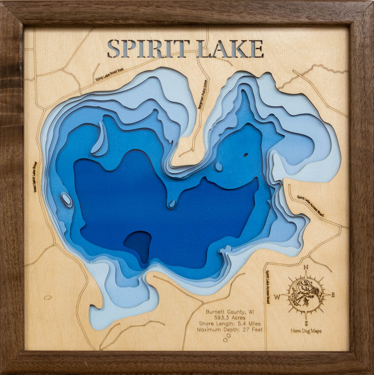 Handcrafted 3D wood map of Spirit Lake in Burnett County, WI, ideal for lake enthusiasts.