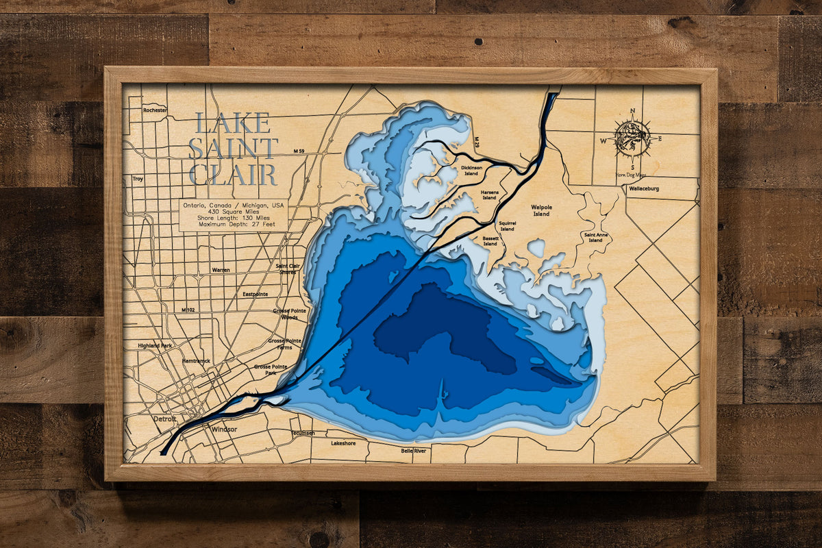 Decorative 3D wooden lake map of Lake Saint Clair in Michigan, USA and Ontario, Canada, crafted with care.