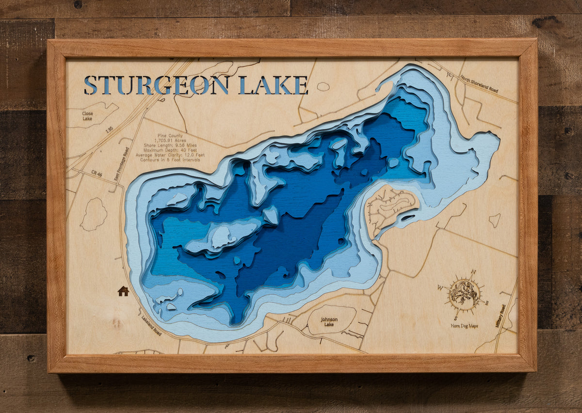 Artisanally carved wooden lake map of 3d Lake Map of Sturgeon Lake in Pine County, MN, highlighting bathymetry.