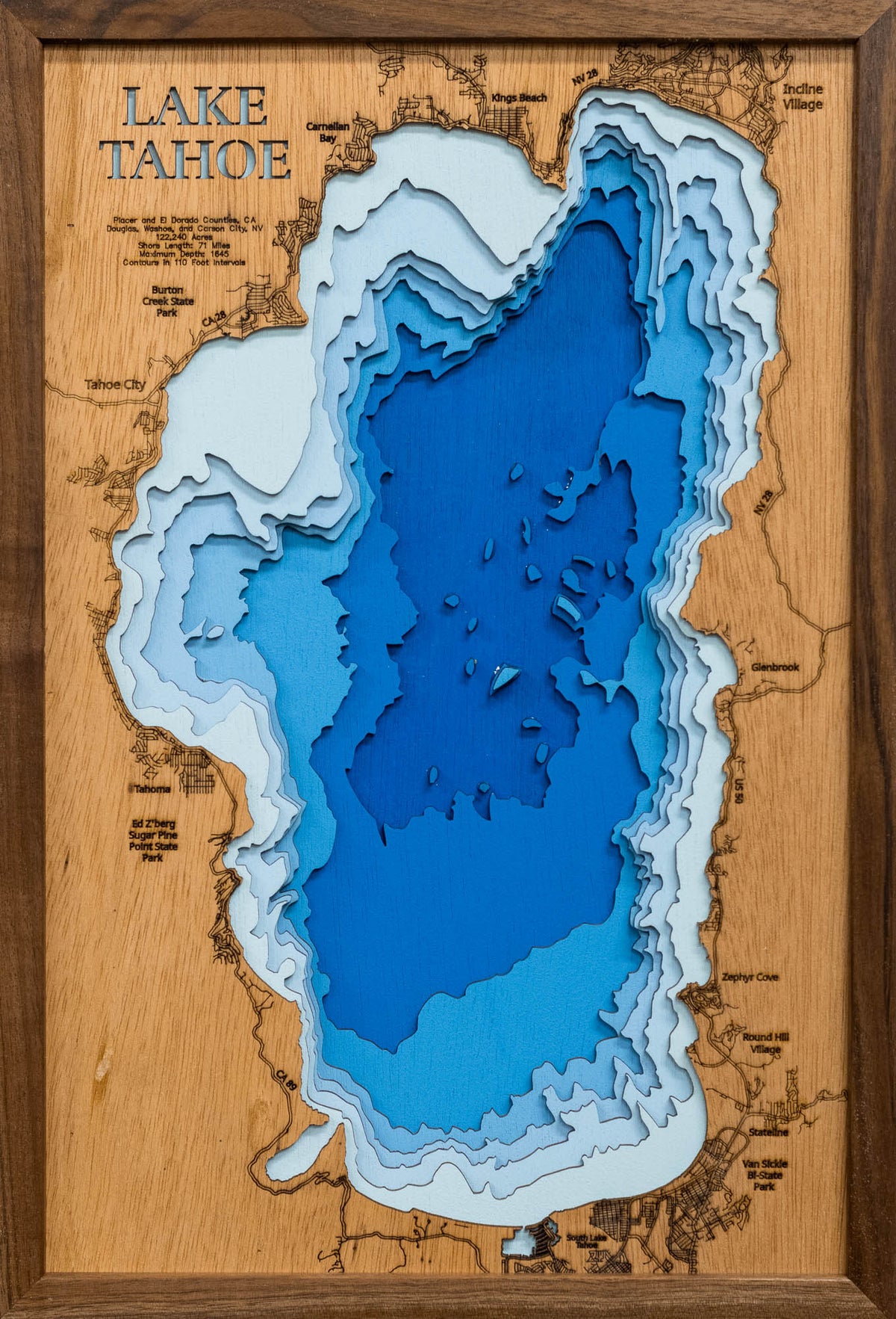 Lake Tahoe in California and Nevada 3D depth map, laser cut from high-quality wood.