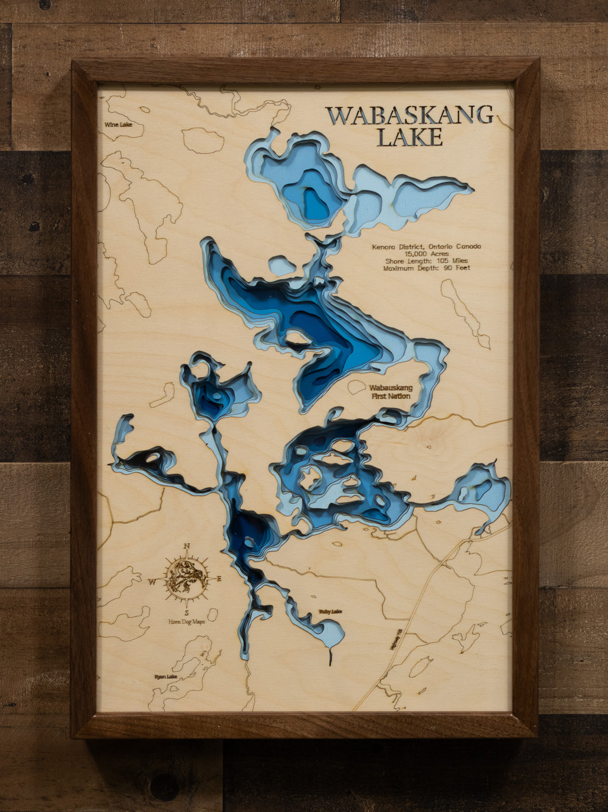 High-definition wooden relief map of Wabaskang Lake in Kenora District, Ontario Canada, handmade for durability.