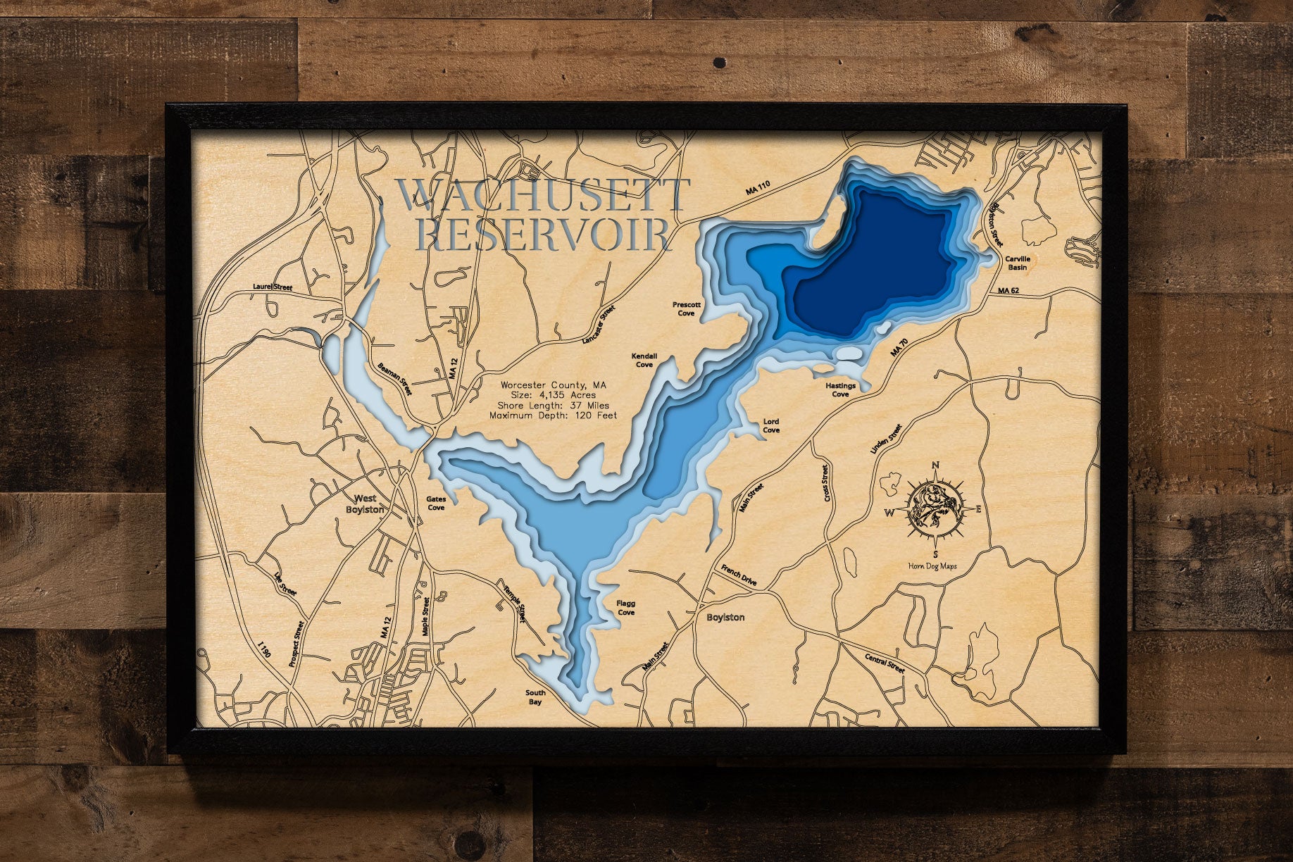 Wachusett Reservoir in Worcester County, Massachusetts 3D Wood Maps