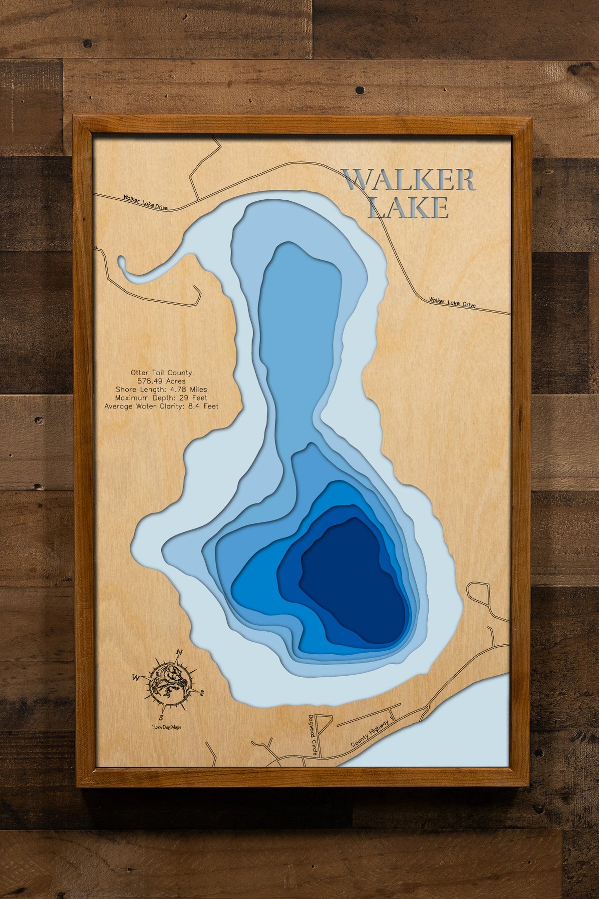 Walker Lake in Otter Tail County, MI 3D depth map, laser cut from high-quality wood.