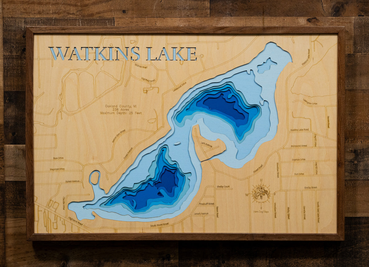 Handcrafted 3D wood map of Watkins Lake in Oakland County, MI, ideal for lake enthusiasts.