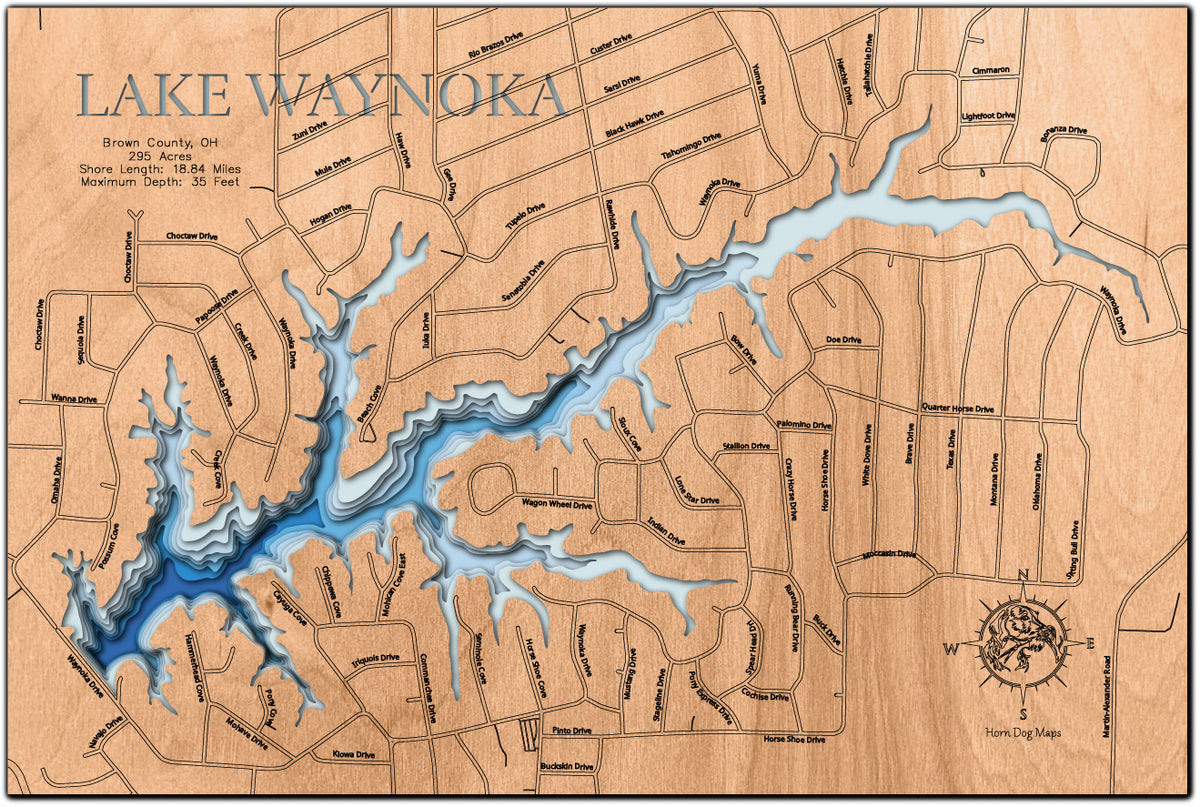 Lake Waynoka in Brown County, OH engraved wood map, showcasing accurate topographical features.