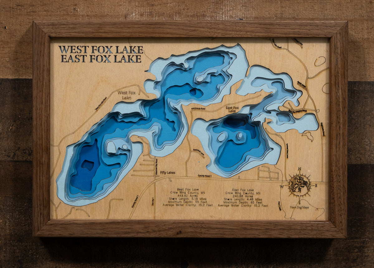 Custom wooden map of West Fox Lake and East Fox Lake in Crow Wing County, MN with layered depth highlights.
