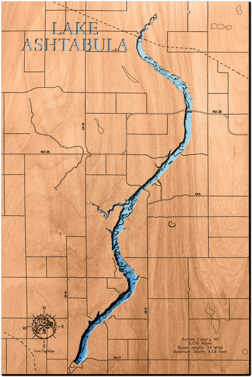 Detailed wooden relief map of Lake Ashtabula in Barnes County, ND, showcasing its natural beauty.