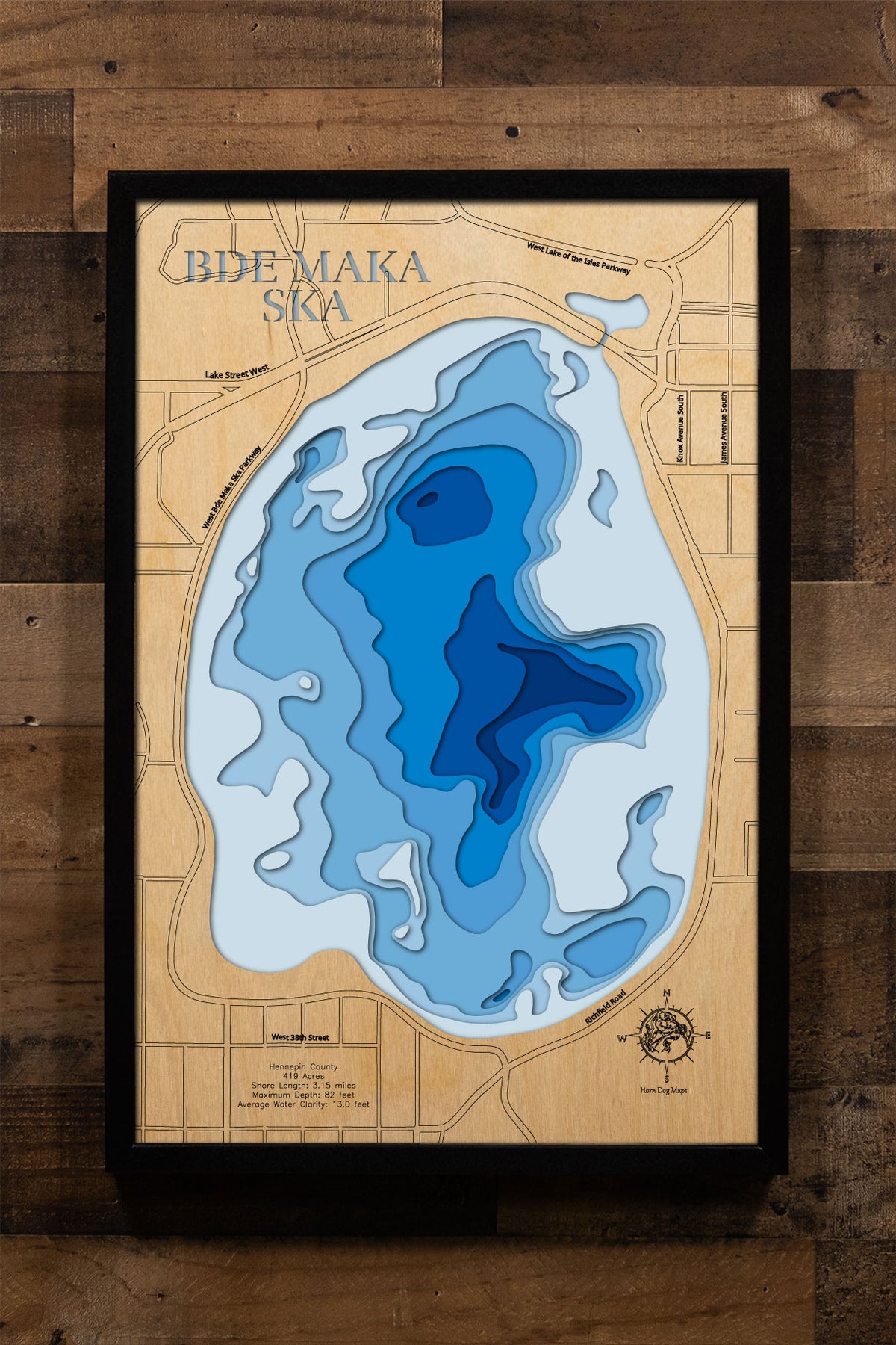 3D wooden lake map of Bde Maka Ska (Hennepin) - horn-dog-maps, showcasing detailed depth layers and contours.