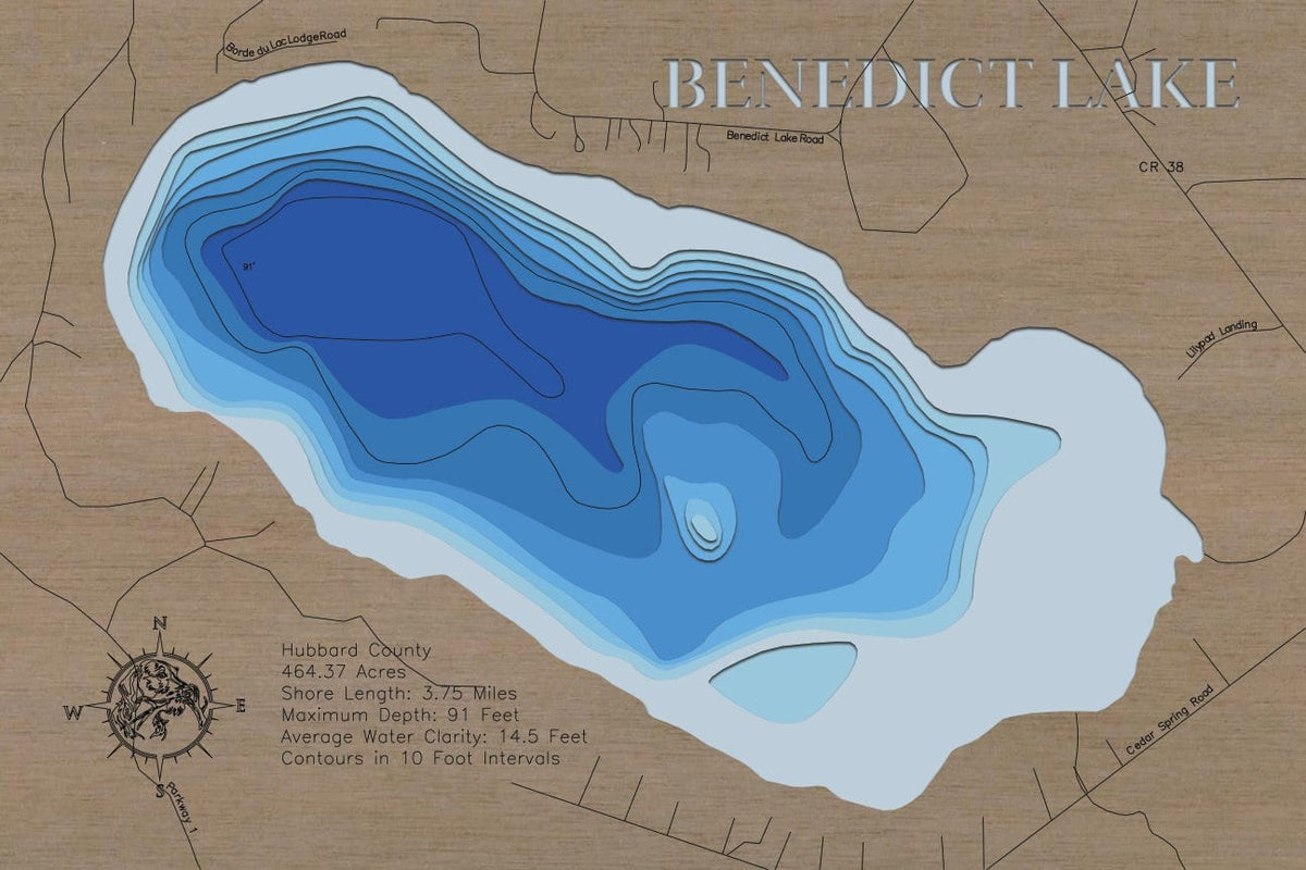 Benedict Lake in Hubbard County, MN engraved wood map, showcasing accurate topographical features.