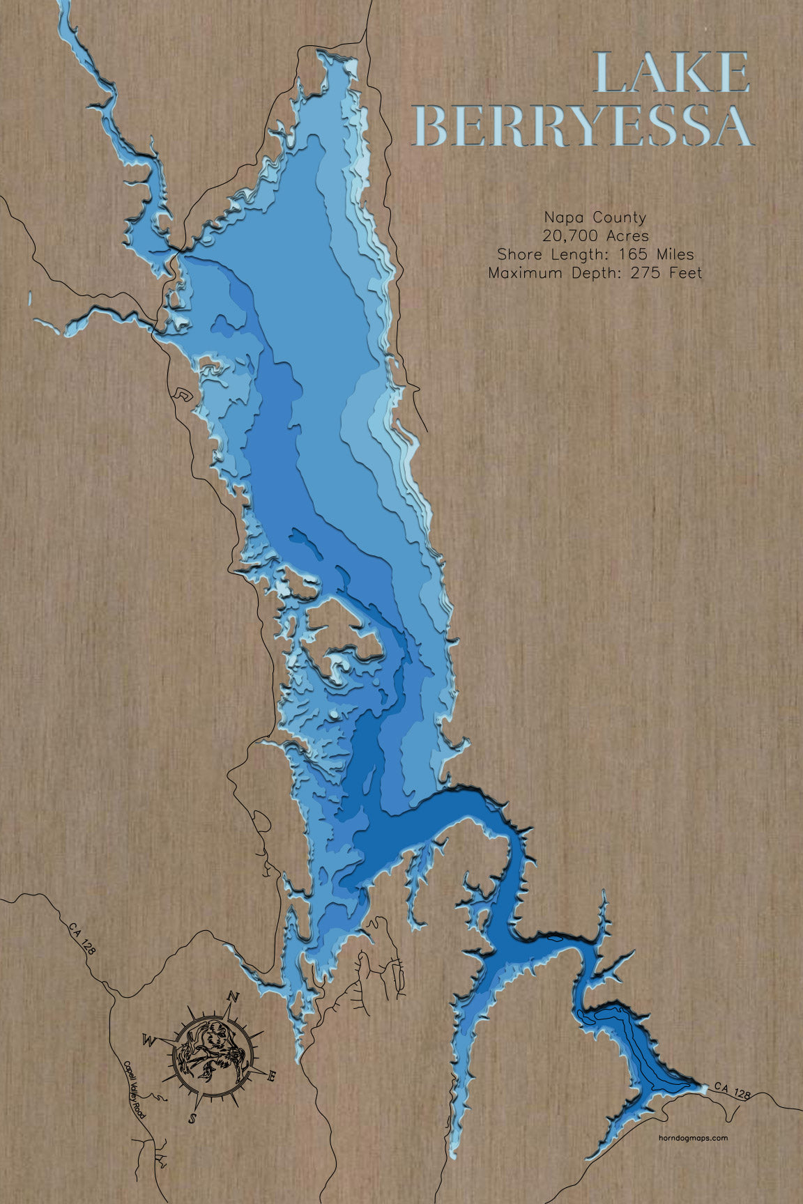 Unique wooden lake map of Lake Berryessa in Napa County, CA, featuring intricate depth details.