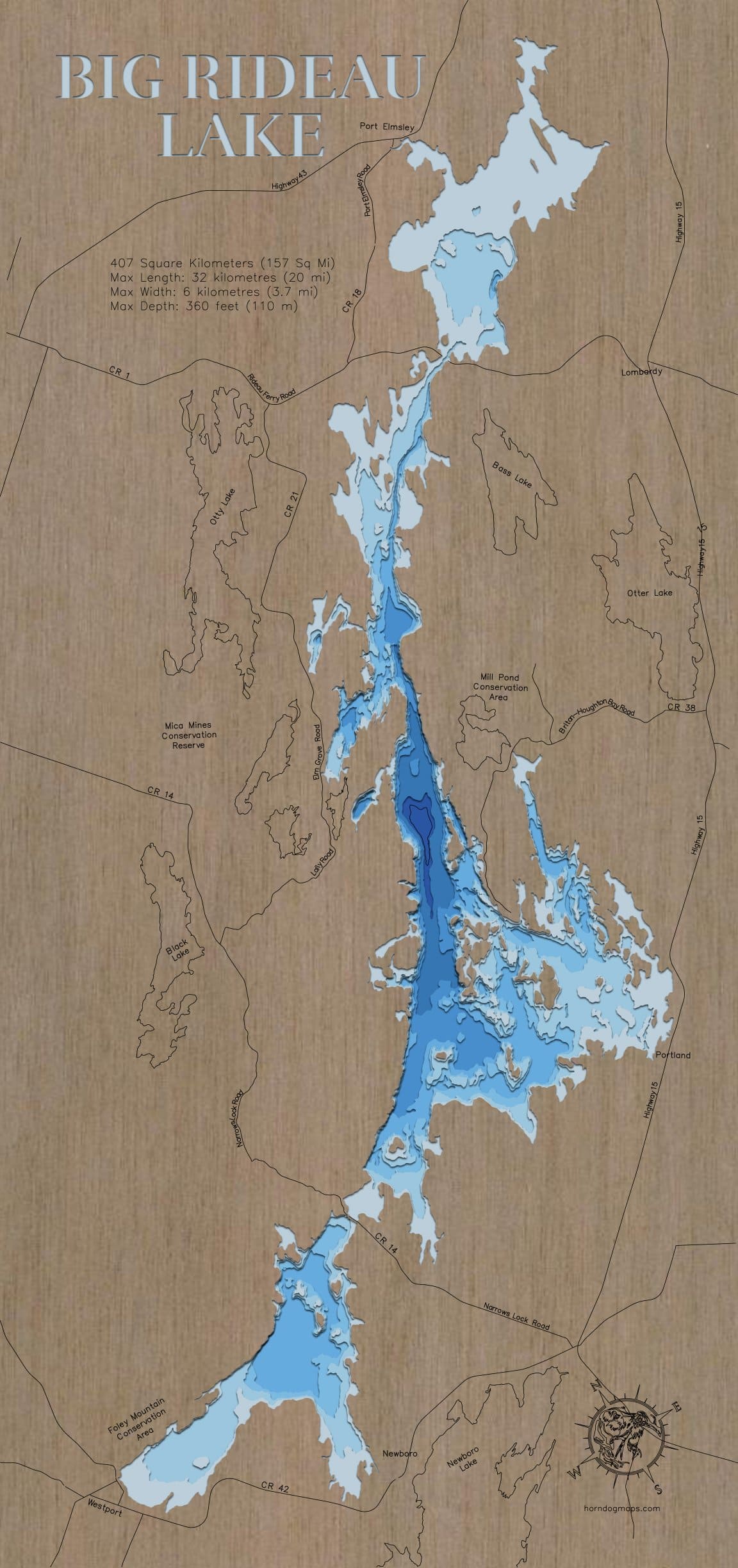 Precision-cut wooden map of 3d Depth Map of Big Rideau Lake in Ontatio, Canada, perfect for unique decor.