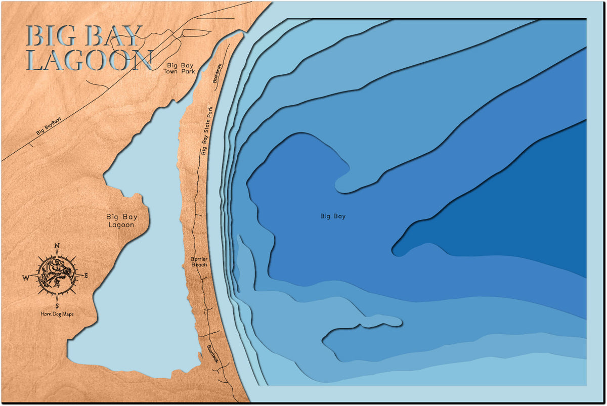 Precision-cut wooden map of Big Bay Lagoon on Madeline Island in Lake Superior, perfect for unique decor.