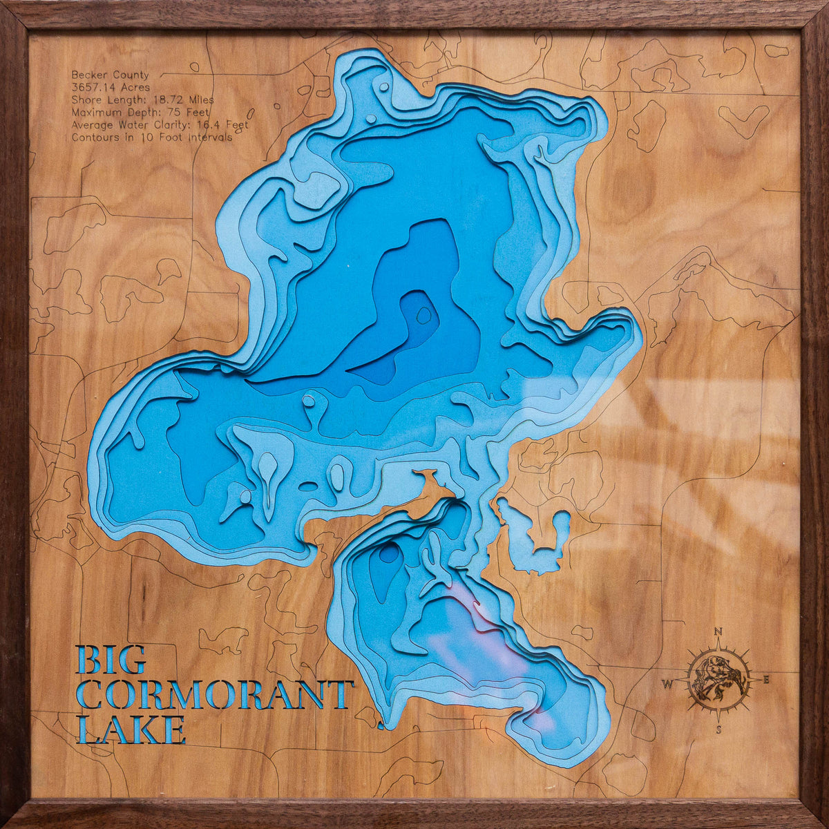 High-definition wooden relief map of Big Cormorant Lake in Becker County, MN, handmade for durability.