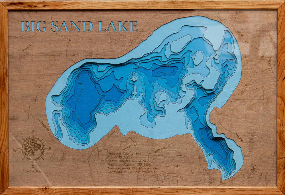 3D wooden lake map of Big Sand Lake in Hubbard County, MN, showcasing detailed depth layers and contours.