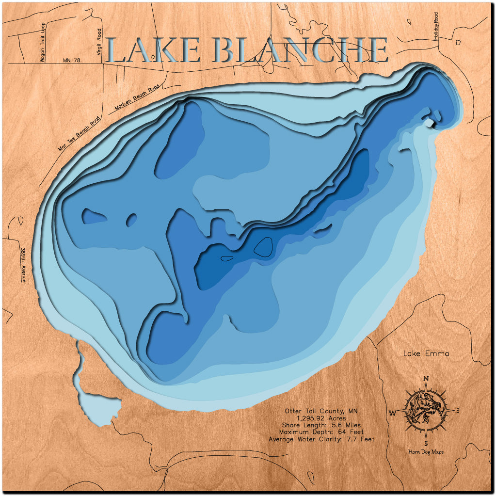 Laser-engraved relief map of Lake Blanche in Otter Tail County, MN, crafted from wood with high precision.