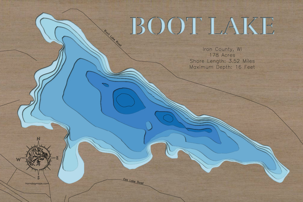 3D wooden lake map of Boot Lake in Iron County, WI, showcasing detailed depth layers and contours.