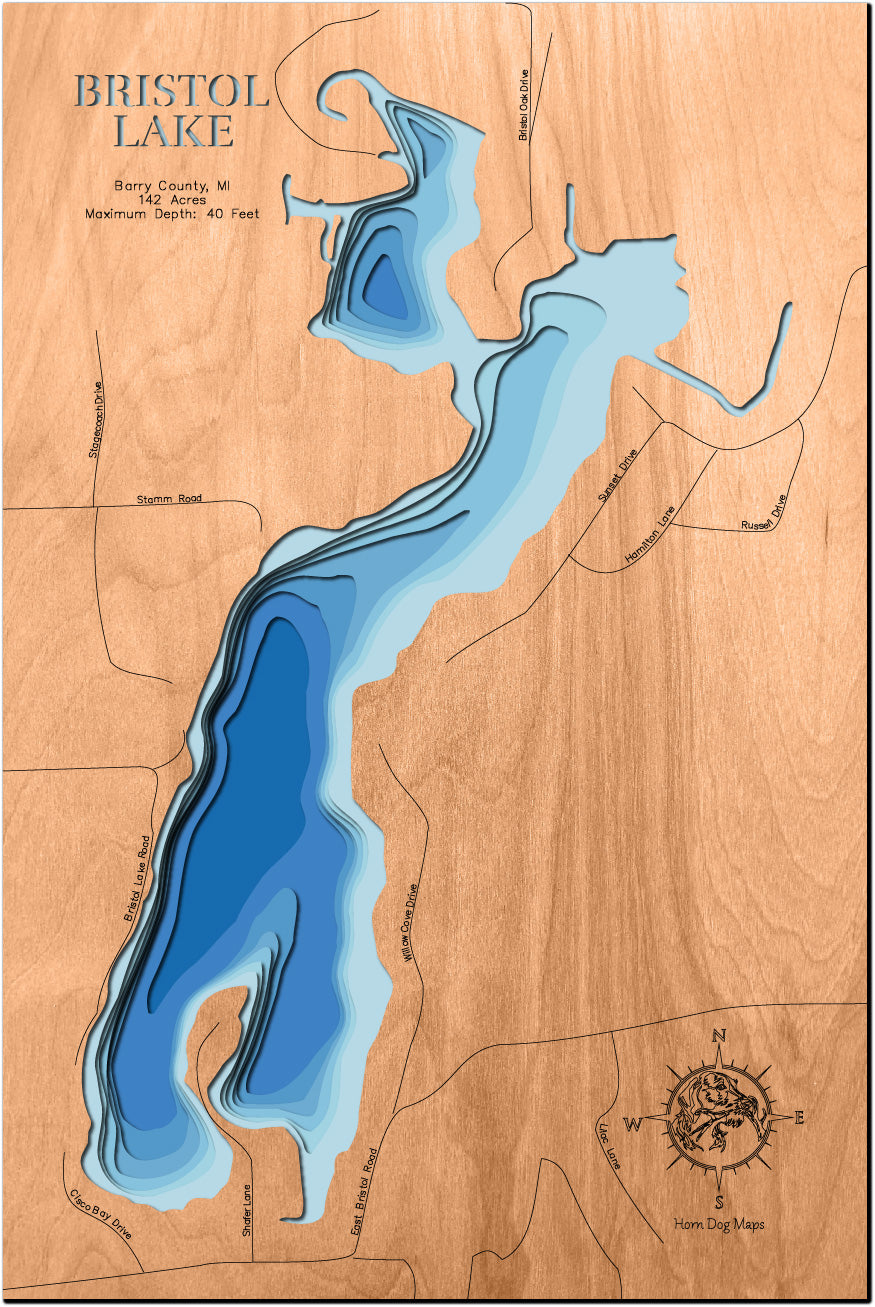 Artisanally carved wooden lake map of Bristol Lake in Barry County, MN, highlighting bathymetry.