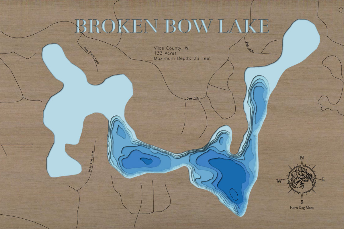Artisanally carved wooden lake map of Broken Bow Lake in Vilas County, WI, highlighting bathymetry.