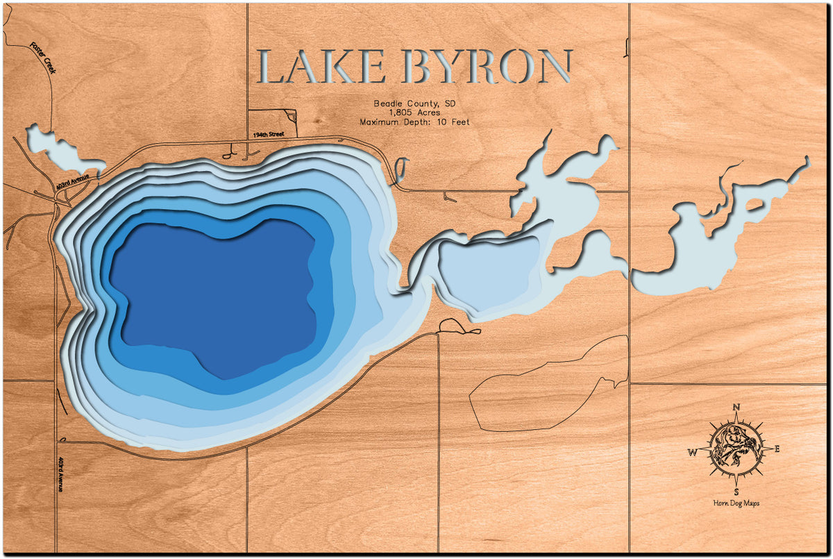 Detailed wooden relief map of Lake Byron in Beadle County, SD, showcasing its natural beauty.