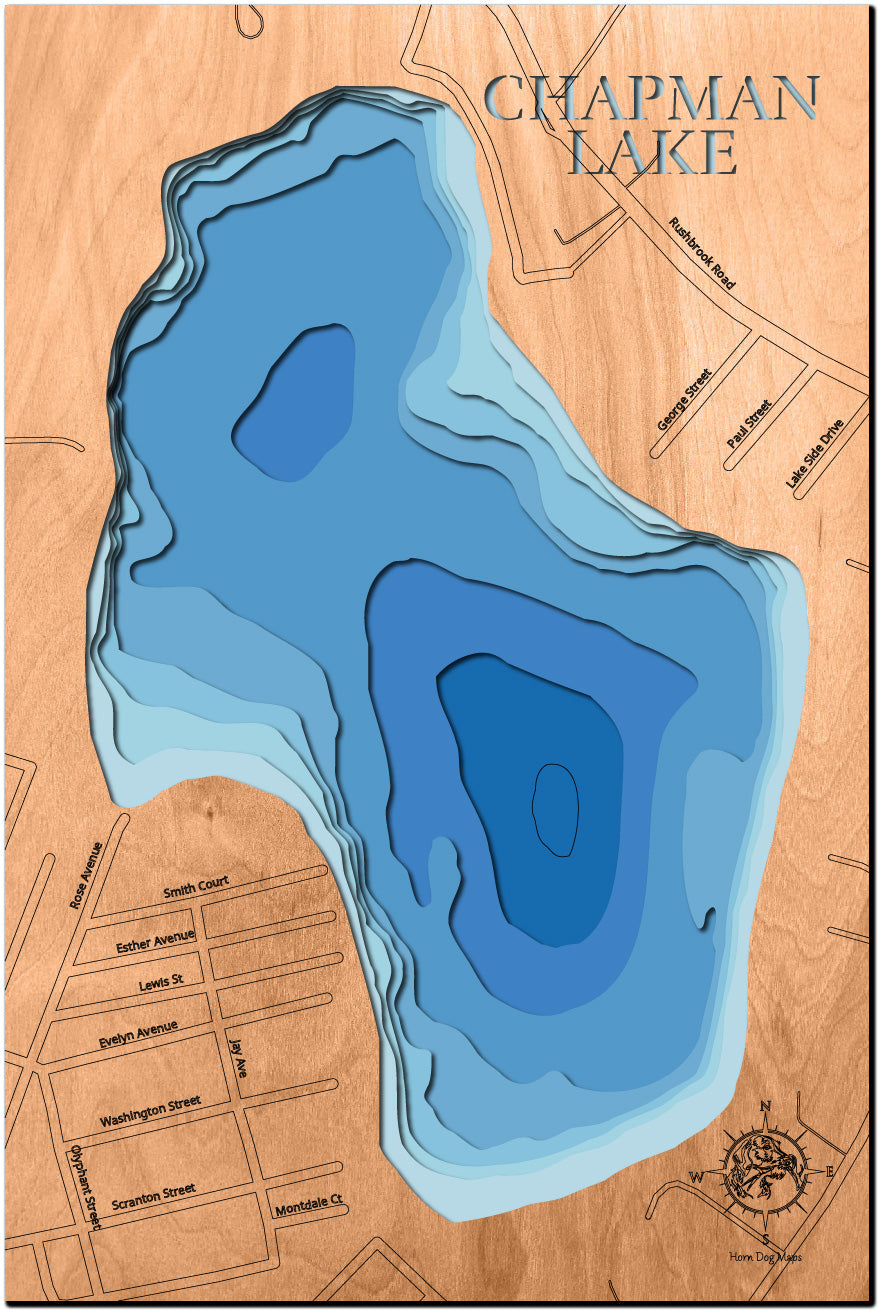High-definition wooden relief map of Chapman Lake in Lackawanna County, PA, handmade for durability.