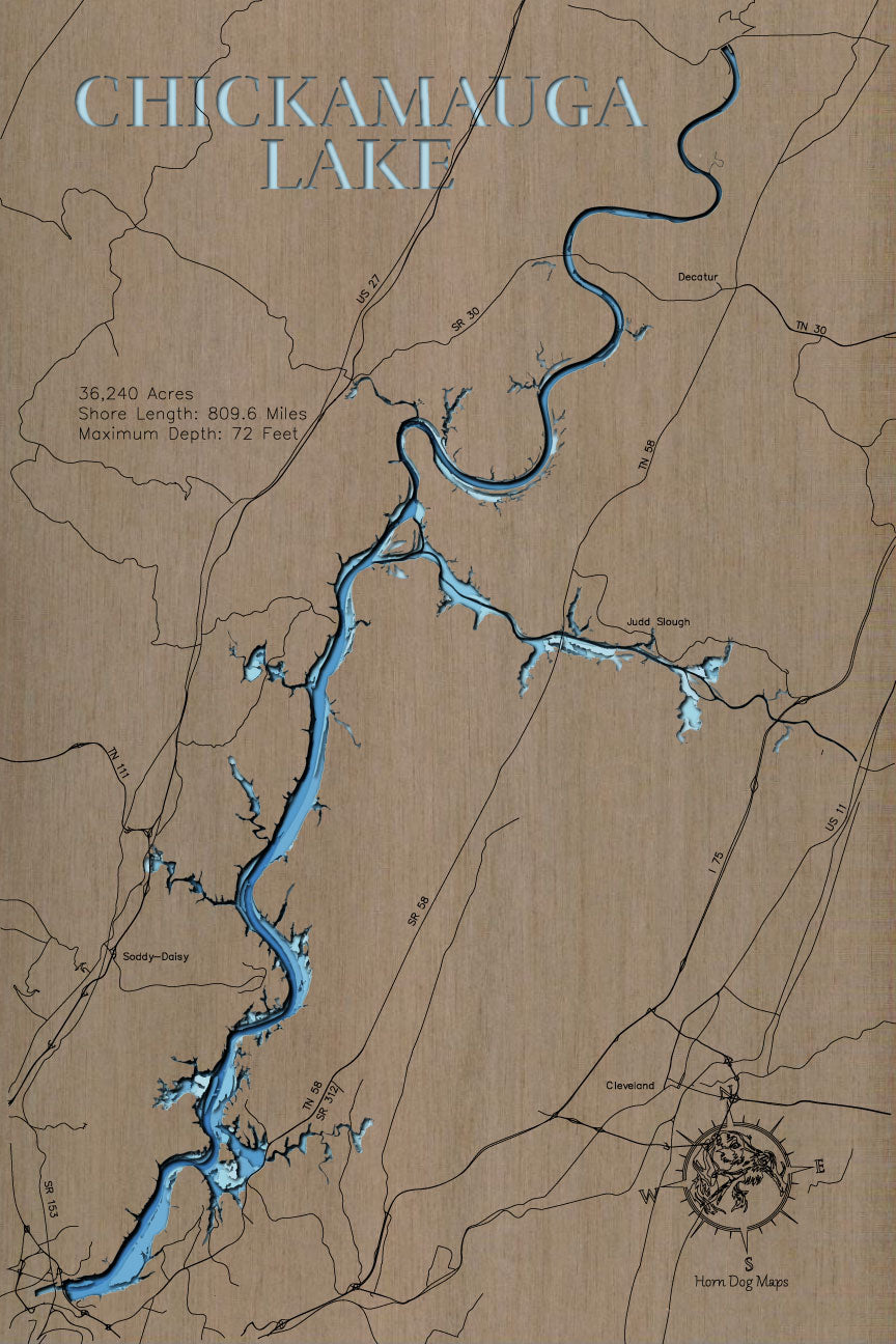 Decorative 3D wooden lake map of Chickamauga Lake in TN, crafted with care.