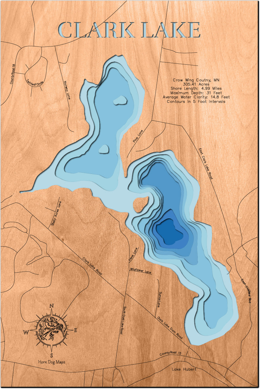 High-definition wooden relief map of Clark Lake in Crow Wing County, MN, handmade for durability.