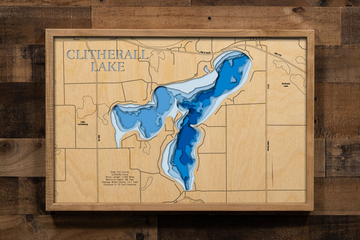 Exquisite wooden map of Clitherall Lake in Otter Tail County, MN with detailed lakebed features.