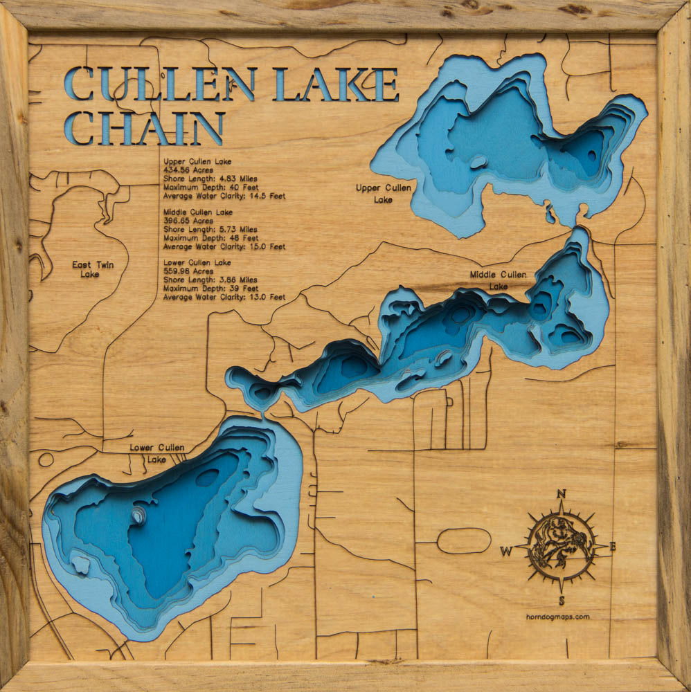Custom wooden map of Cullen Lake Chain in Crow Wing County, MN with layered depth highlights.