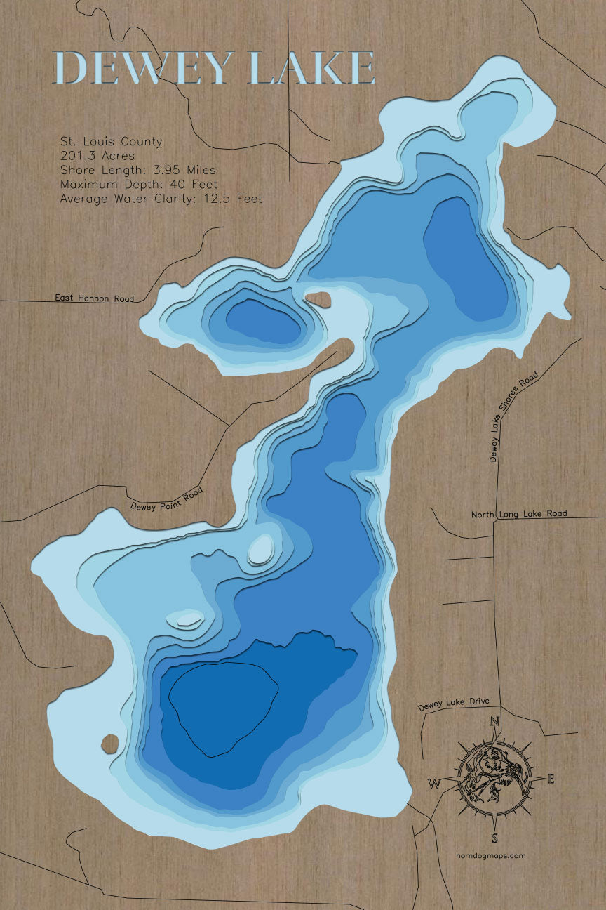 Dewey Lake in the Irish Hills in Lenawee county, Michigan. Original 8x10 watercolor contour orders map.