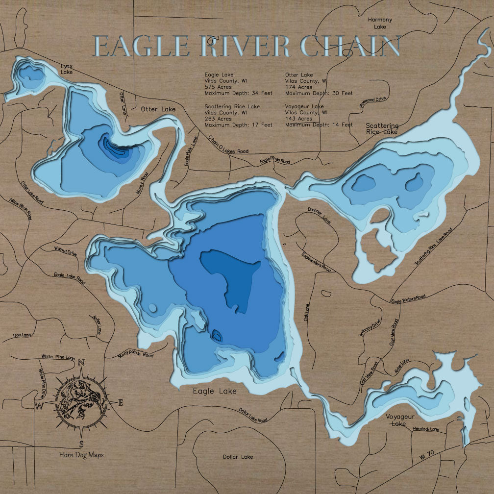 Eagle River Chain in Vilas County, WI custom 3D wood map, perfect for home decor and gifts.