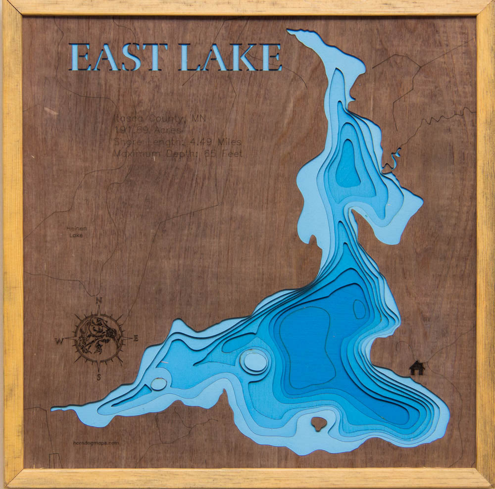 Exquisite wooden map of East Lake in Itasca County, MN with detailed lakebed features.