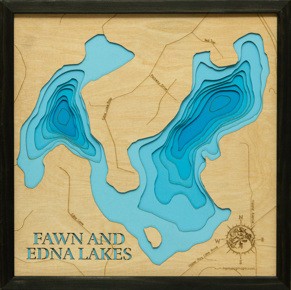 Exquisite wooden map of Fawn and Edna Lake in Stearns County, MN with detailed lakebed features.