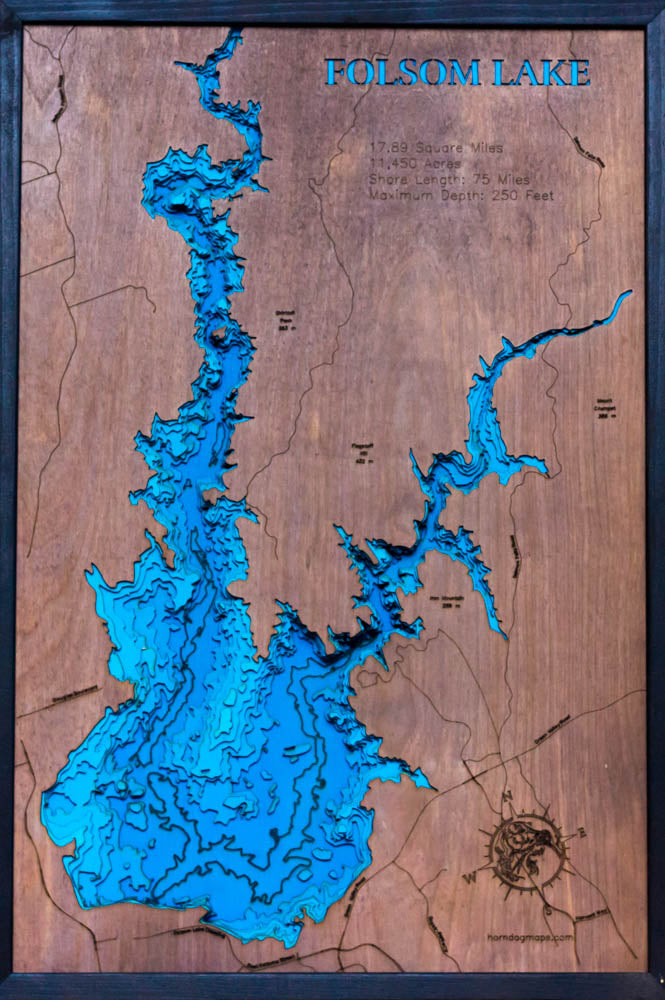 Folsom Lake in California custom 3D wood map, perfect for home decor and gifts.