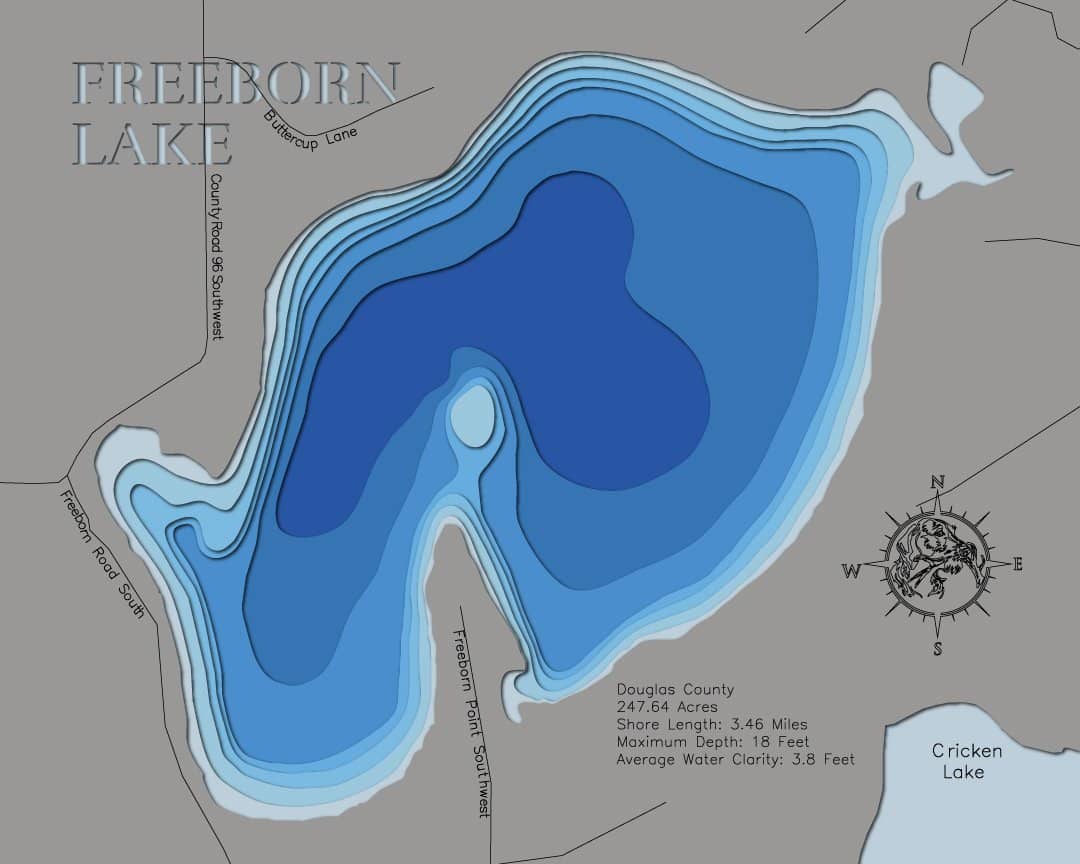 Laser-engraved relief map of 3d map of Freeborn Lake in Douglas County, MN, crafted from wood with high precision.