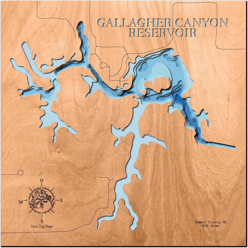 Gallagher Canyon Reservoir in Dawson County, NE engraved wood map, showcasing accurate topographical features.
