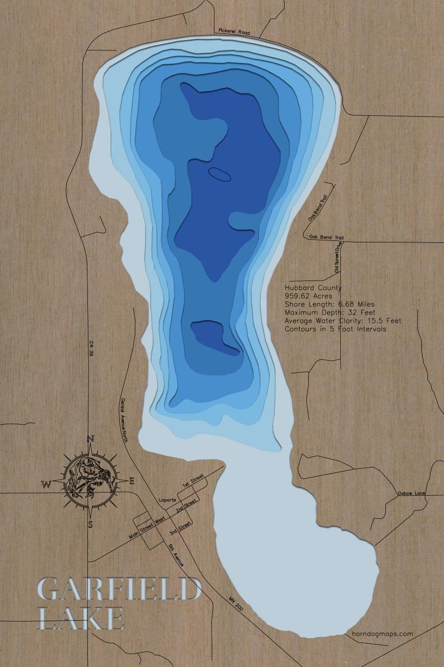 Garfield Lake in Hubbard County, MN custom 3D wood map, perfect for home decor and gifts.