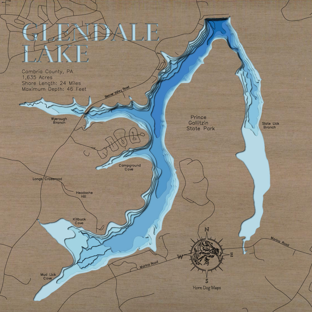 Exquisite wooden map of Glendale Lake in Cambria County, PA with detailed lakebed features.