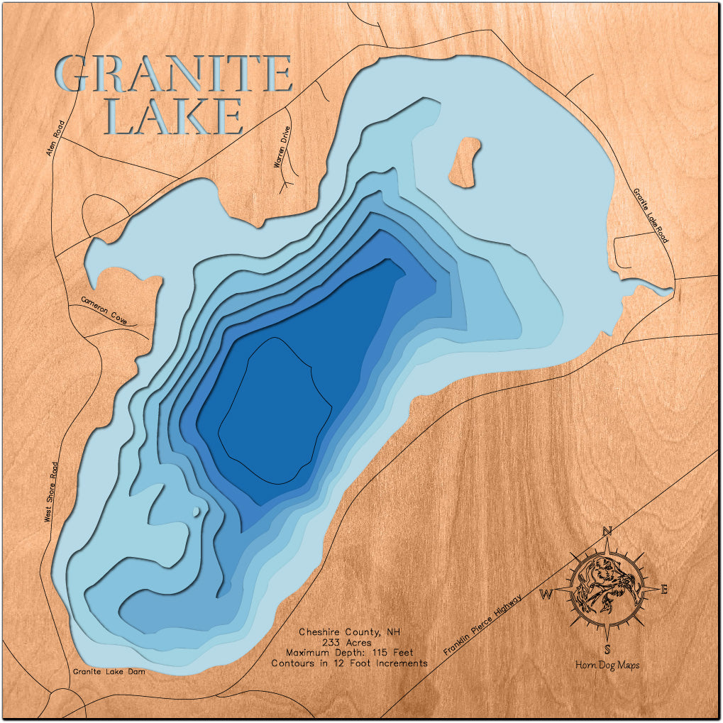 Granite Lake in Cheshire County, NH in stunning 3D wood map design, with detailed topography.