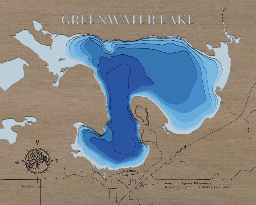 3d Lake Map of Greenwater Lake in Saskatchewan, Canada in stunning 3D wood map design, with detailed topography.