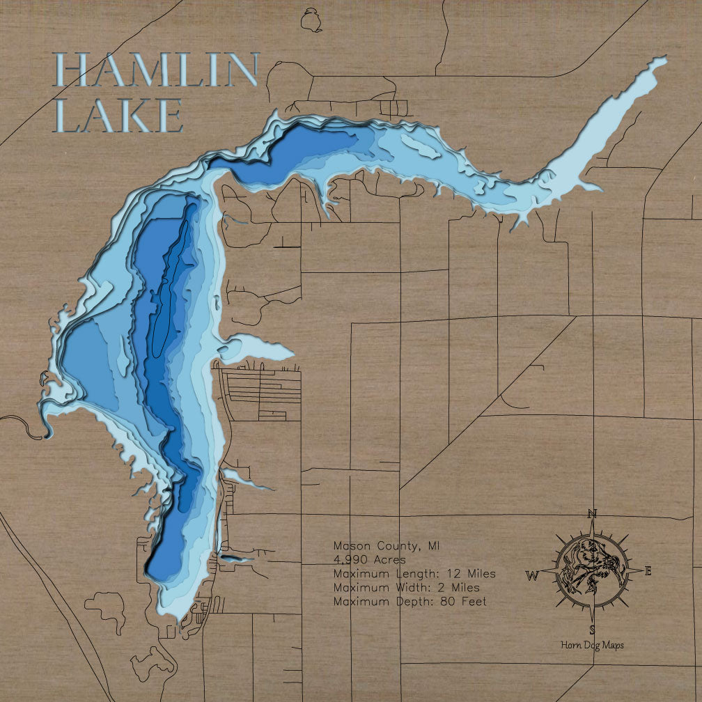 Unique wooden lake map of Hamlin Lake in Mason County, MI, featuring intricate depth details.