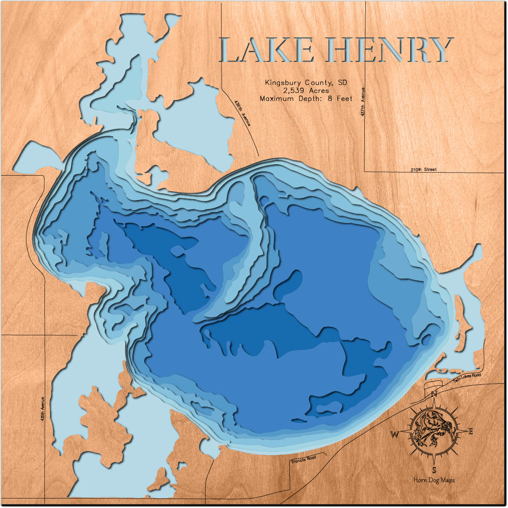 Lake Henry in Kingsbury County, SD engraved wood map, showcasing accurate topographical features.