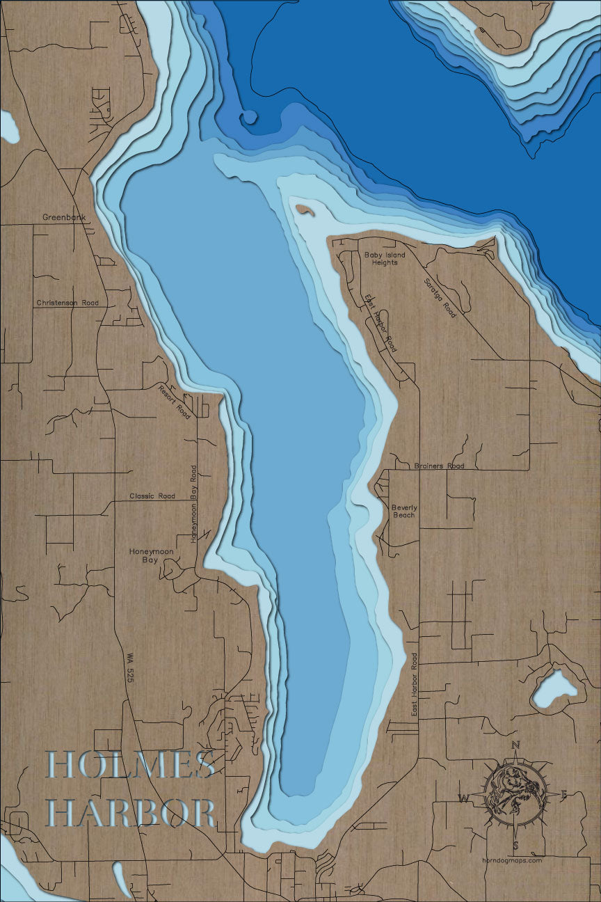 Artisanally carved wooden lake map of Holmes Harbor in Washington, highlighting bathymetry.