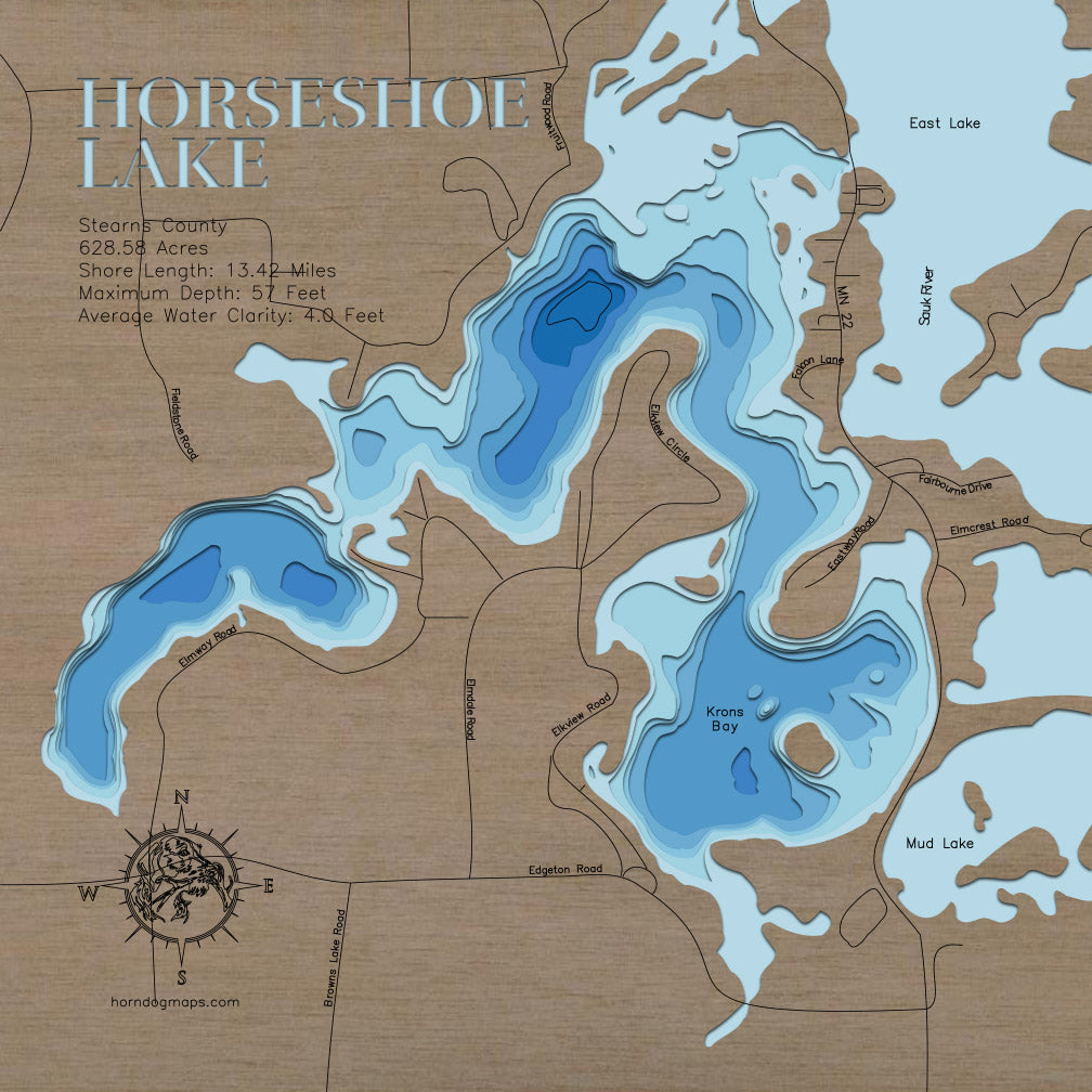 Custom wooden map of Horseshoe Lake in Stearns County, MN with layered depth highlights.