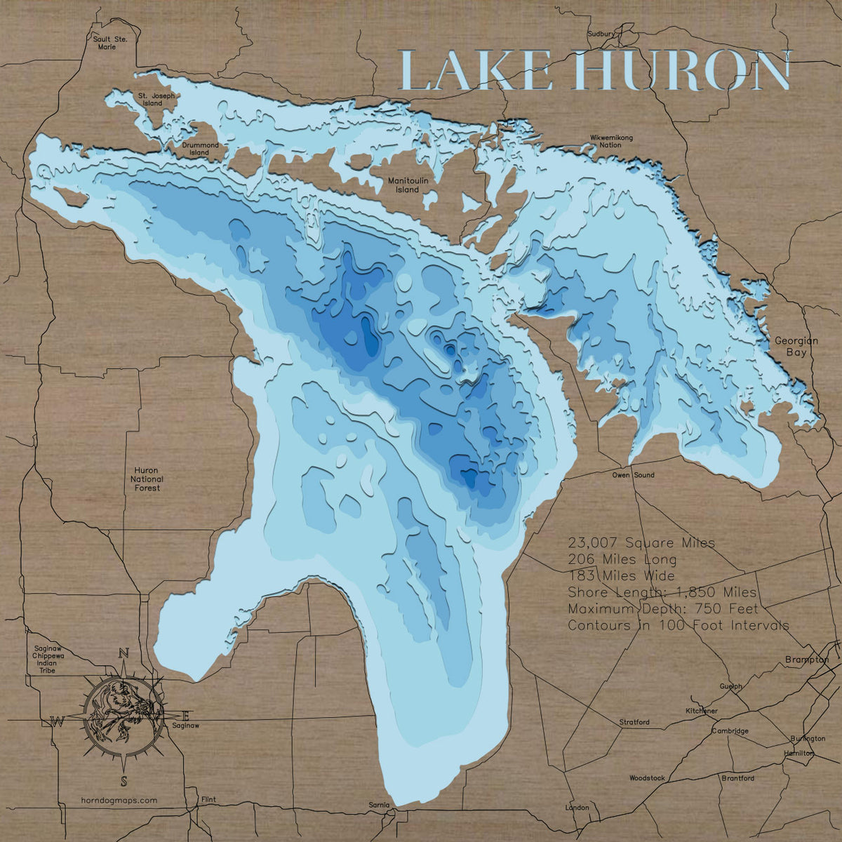 Exquisite wooden map of Lake Huron with detailed lakebed features.