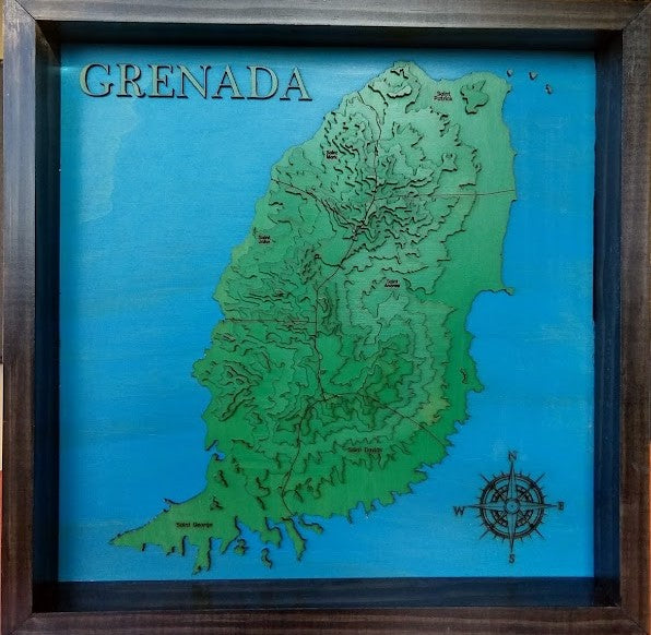 Decorative 3D wooden lake map of Island of Grenada, crafted with care.