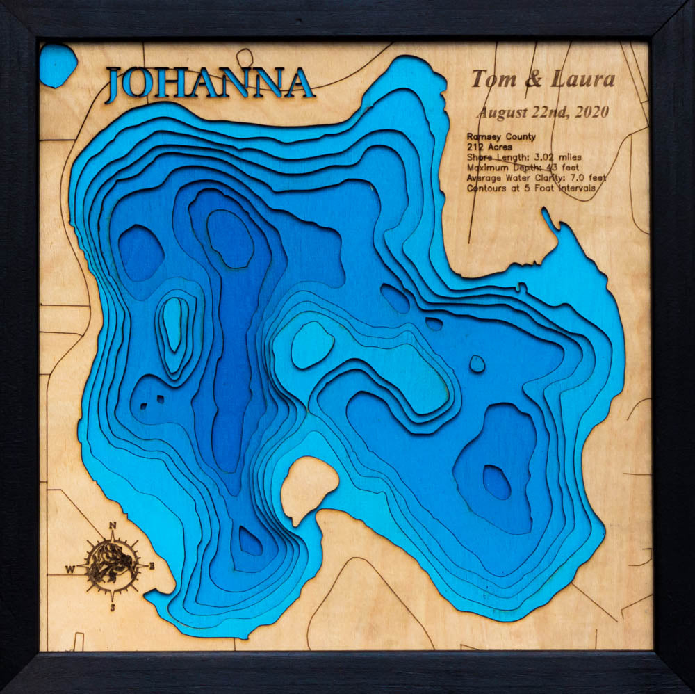 Handcrafted 3D wood map of Lake Johanna in Ramsey County, MN, ideal for lake enthusiasts.
