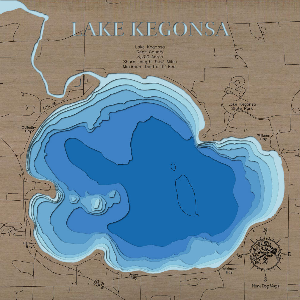 Lake Kegonsa in Dane County, WI 3D depth map, laser cut from high-quality wood.