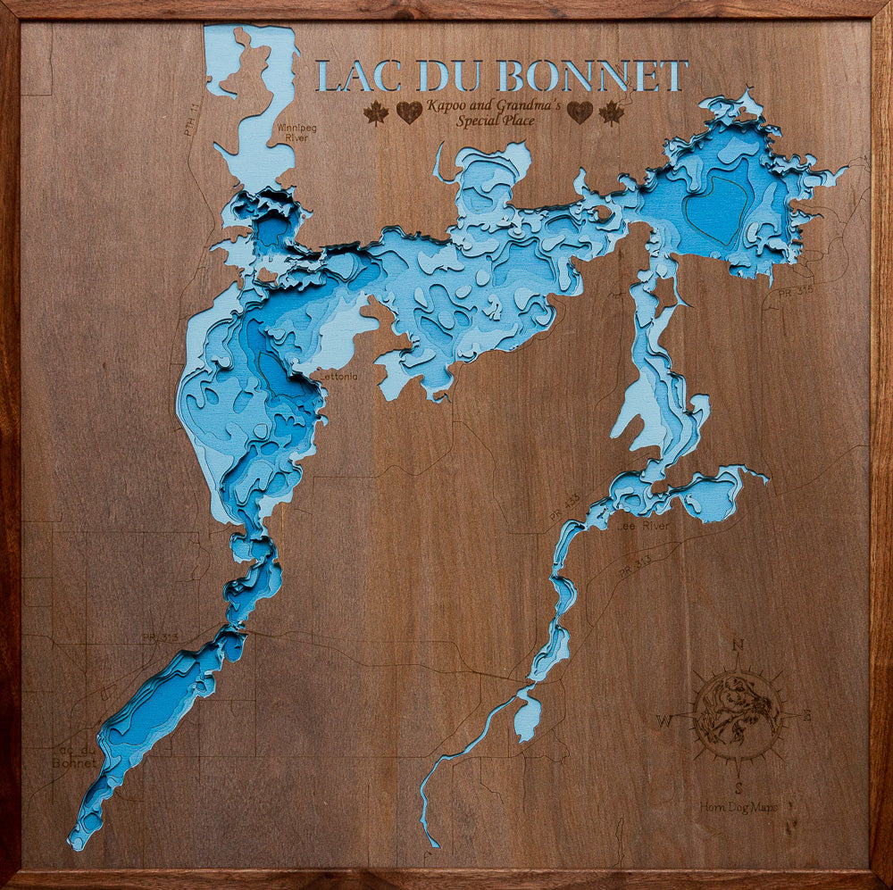 Lac Du Bonnet in Manitoba, Canada engraved wood map, showcasing accurate topographical features.