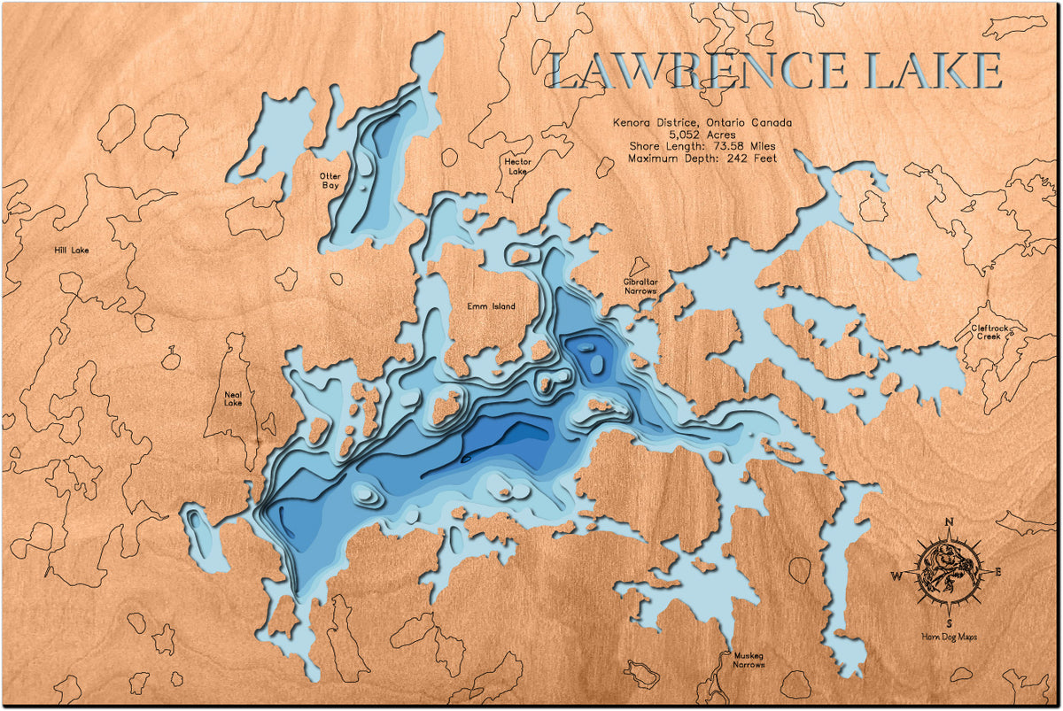 Decorative 3D wooden lake map of Lawrence Lake in Kenora District, Ontario Canada, crafted with care.