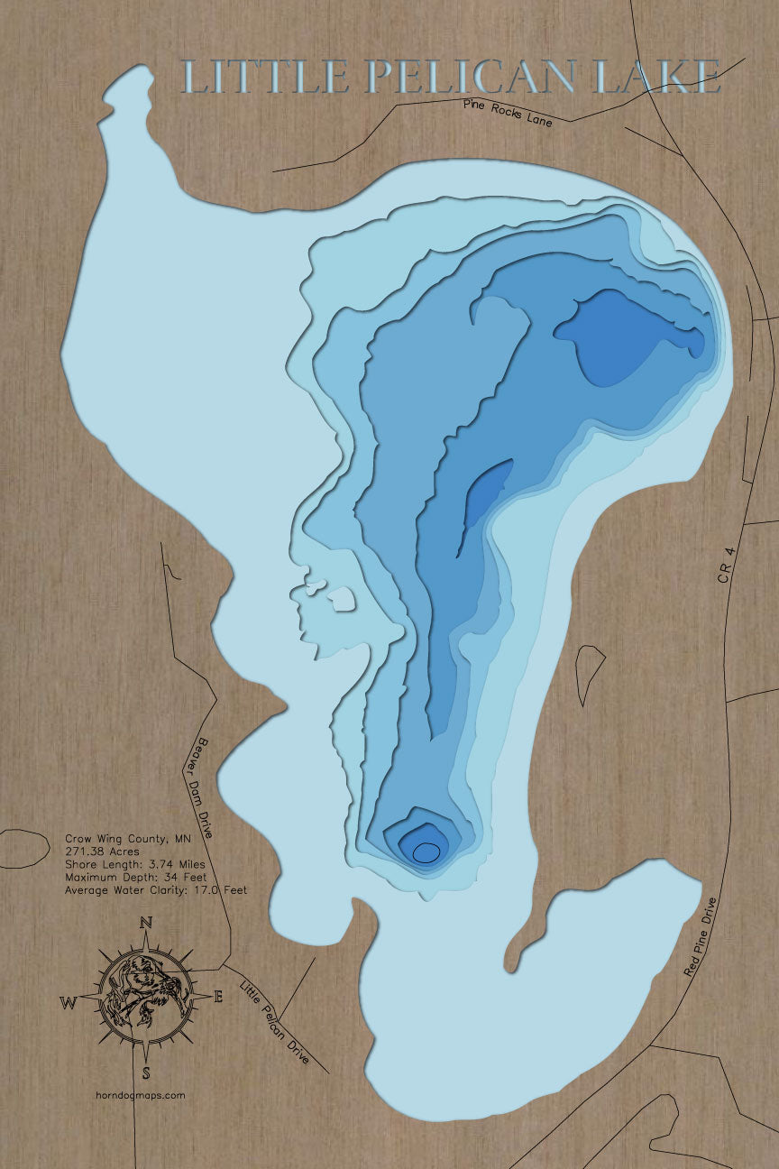 High-definition wooden relief map of Little Pelican Lake in Crow Wing County, MN, handmade for durability.